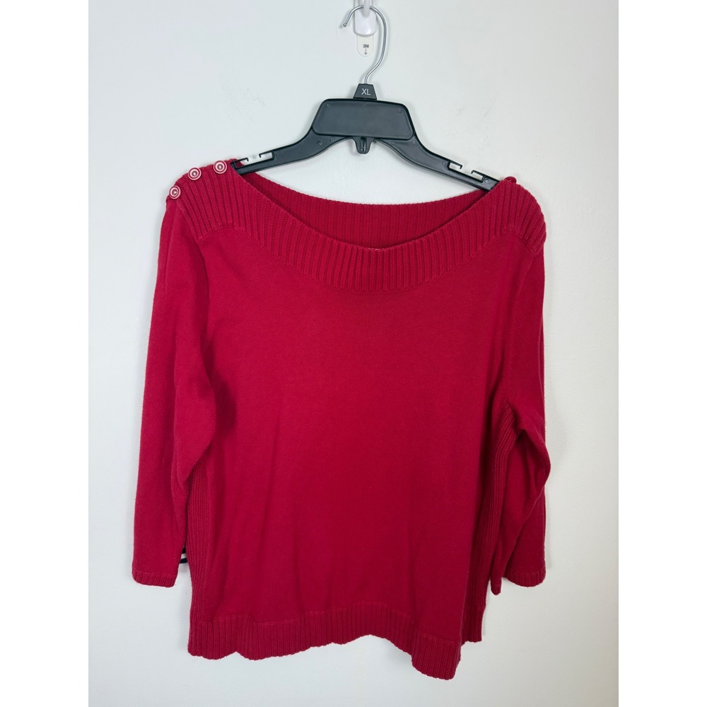 Christopher & Banks Red Cotton Boat Neck Sweater Button Shoulder XL